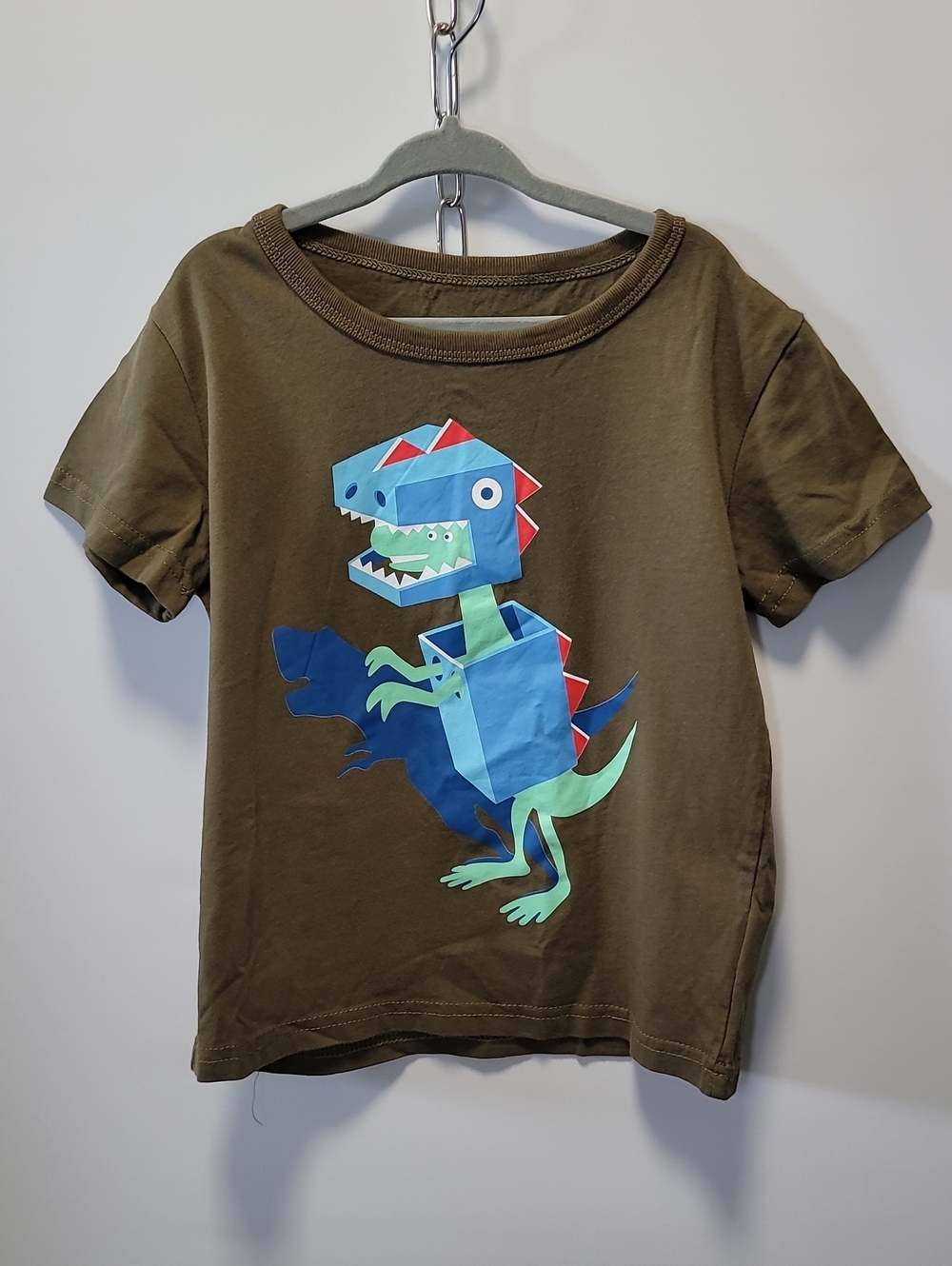 Kids Olive Green T-Shirt with Colorful Dino Graphic